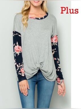 New Grey Women’s Top With Floral Contrast Sleeve And Knotted Hem
